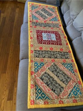 Embroidered Gold & Teal Patchwork Table Runner with Red Accents